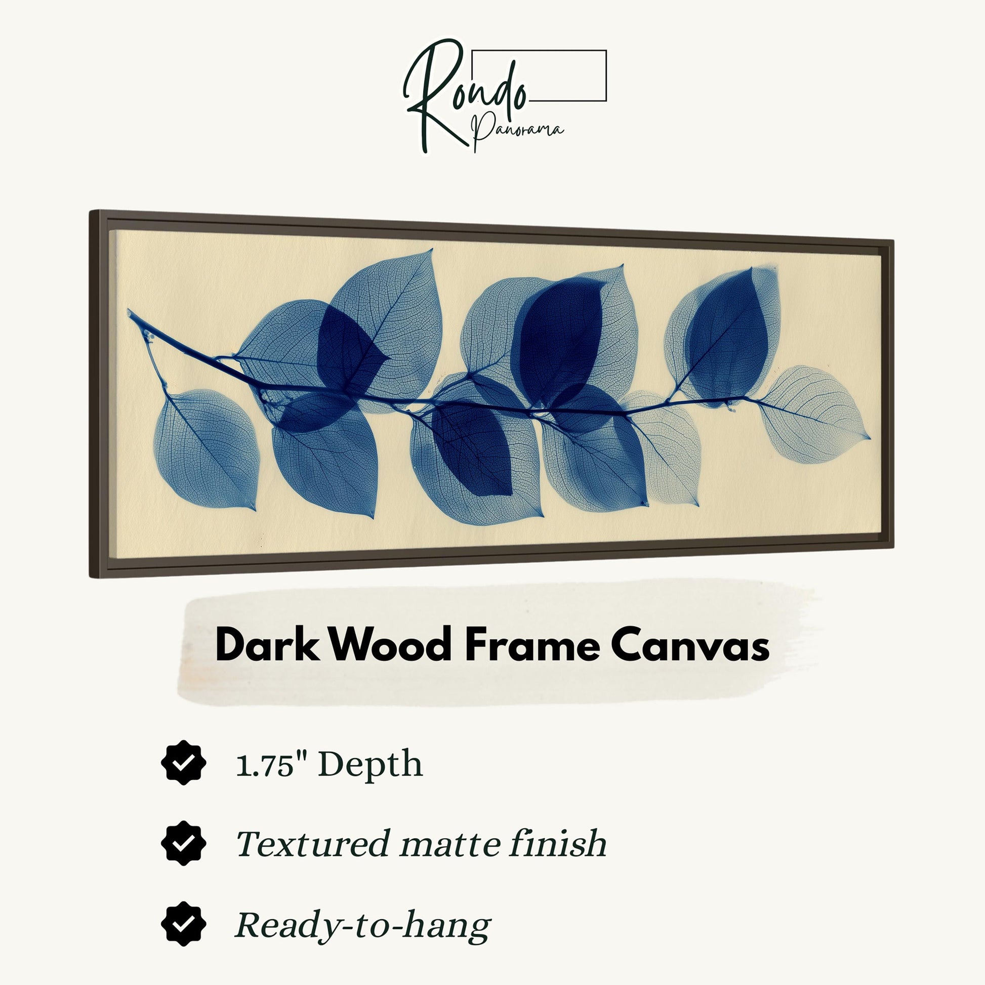 The image is a framed artwork depicting a branch with blue leaves, and it is described as a "Dark Wood Frame Canvas" with a 1.75" depth, a textured matte finish, and a ready-to-hang feature.