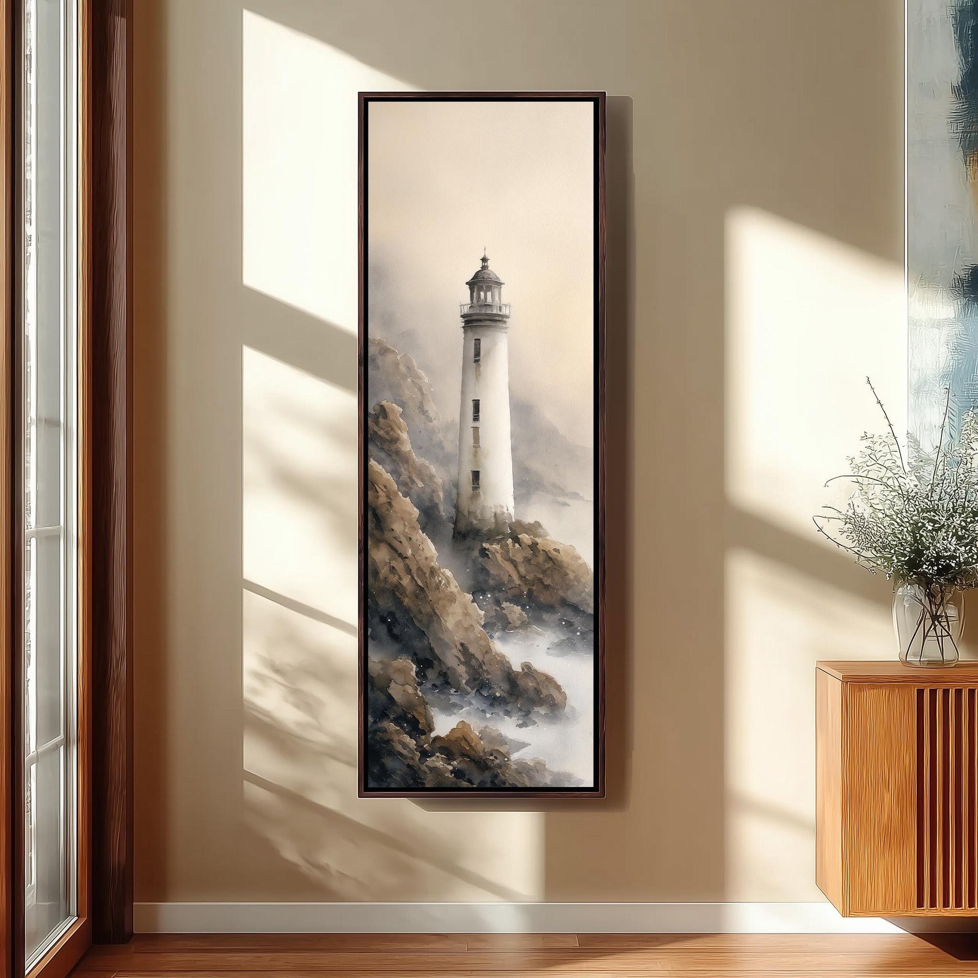 a large framed painting of a lighthouse on a wall, with a serene and atmospheric background.