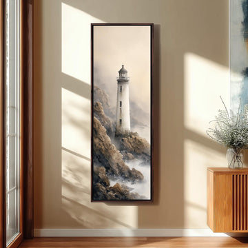 a large framed painting of a lighthouse on a wall, with a serene and atmospheric background.