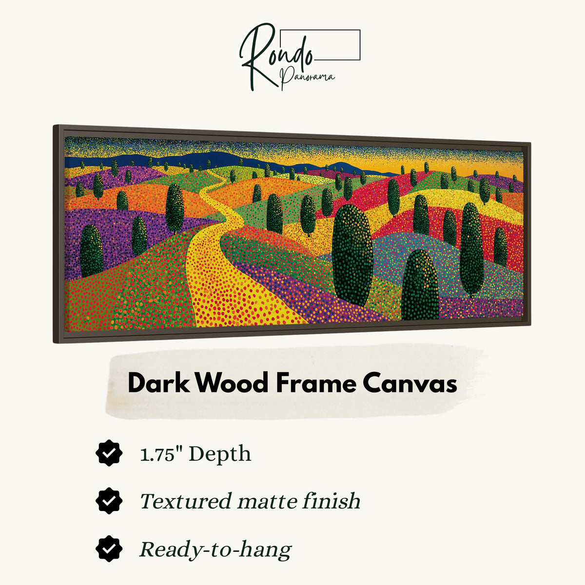 Colorful dotted garden with a winding path canvas print in a dark wood floating frame