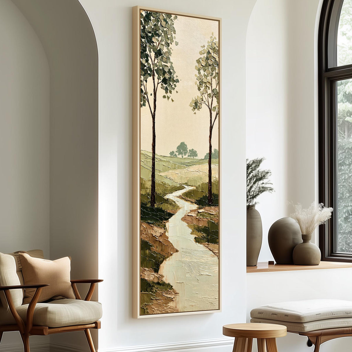 Stream winding between trees into the countryside long vertical canvas print in a sunlit living space
