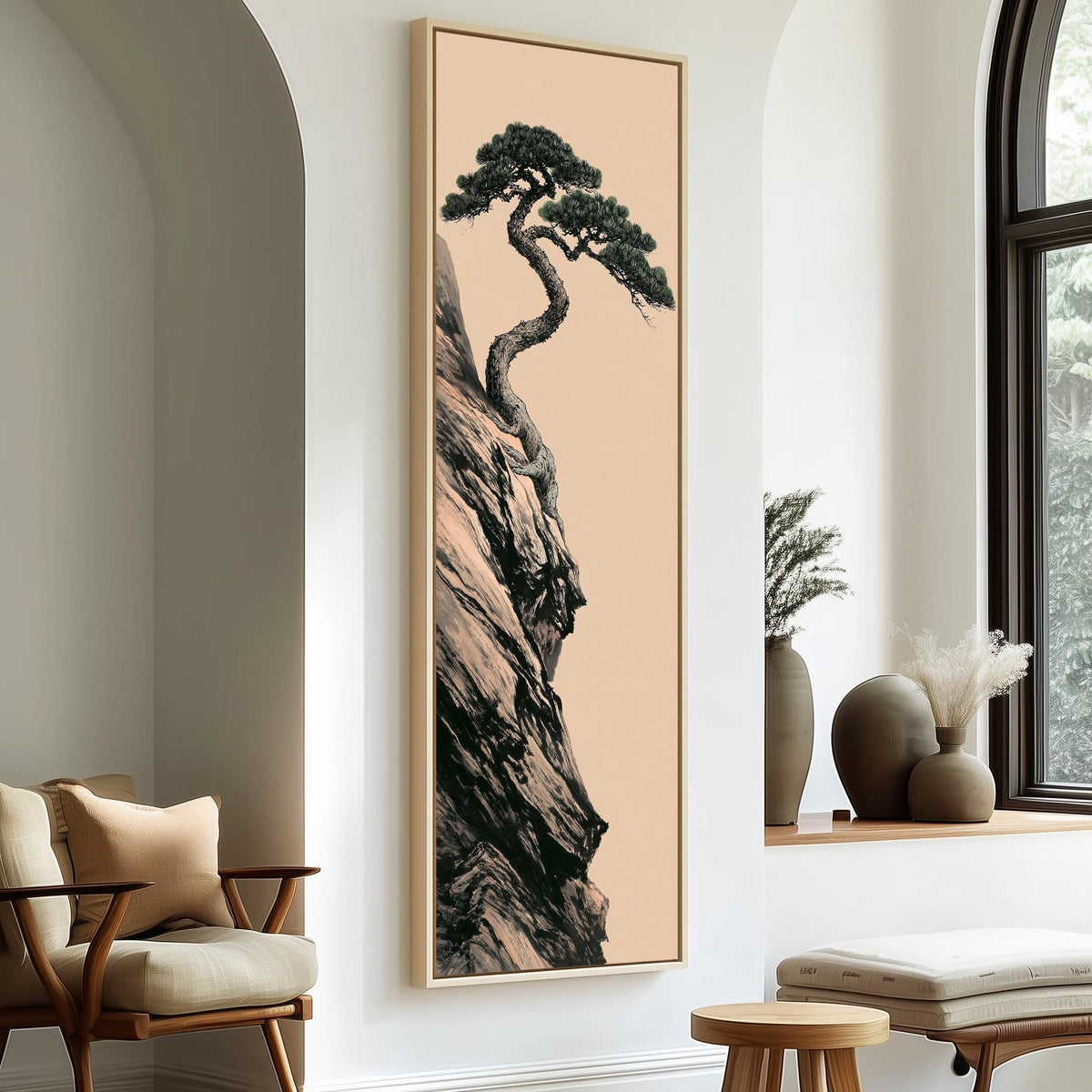 Pine tree growing from a cliff on blush long vertical canvas print in a sunlit living space