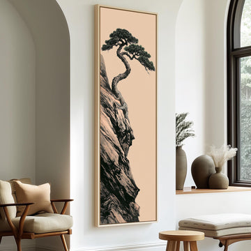 Pine tree growing from a cliff on blush long vertical canvas print in a sunlit living space