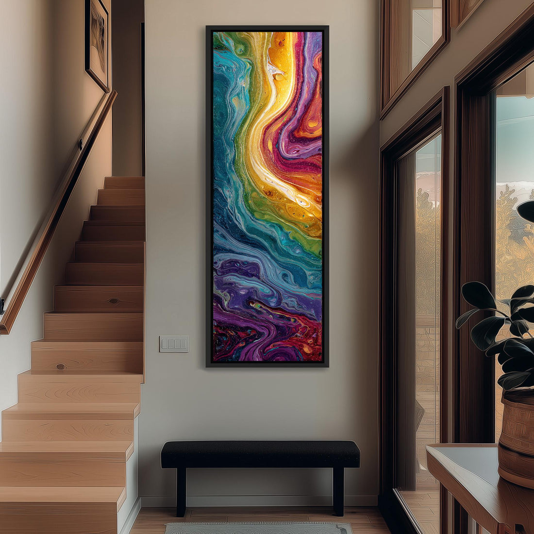 a vibrant, abstract painting hanging on the wall of a hallway. The painting is a colorful swirl of various hues, creating a dynamic and visually striking display. The hallway is well-lit, with a staircase visible on the left side of the image. A bench is also present in the scene, adding a touch of comfort and functionality to the space.