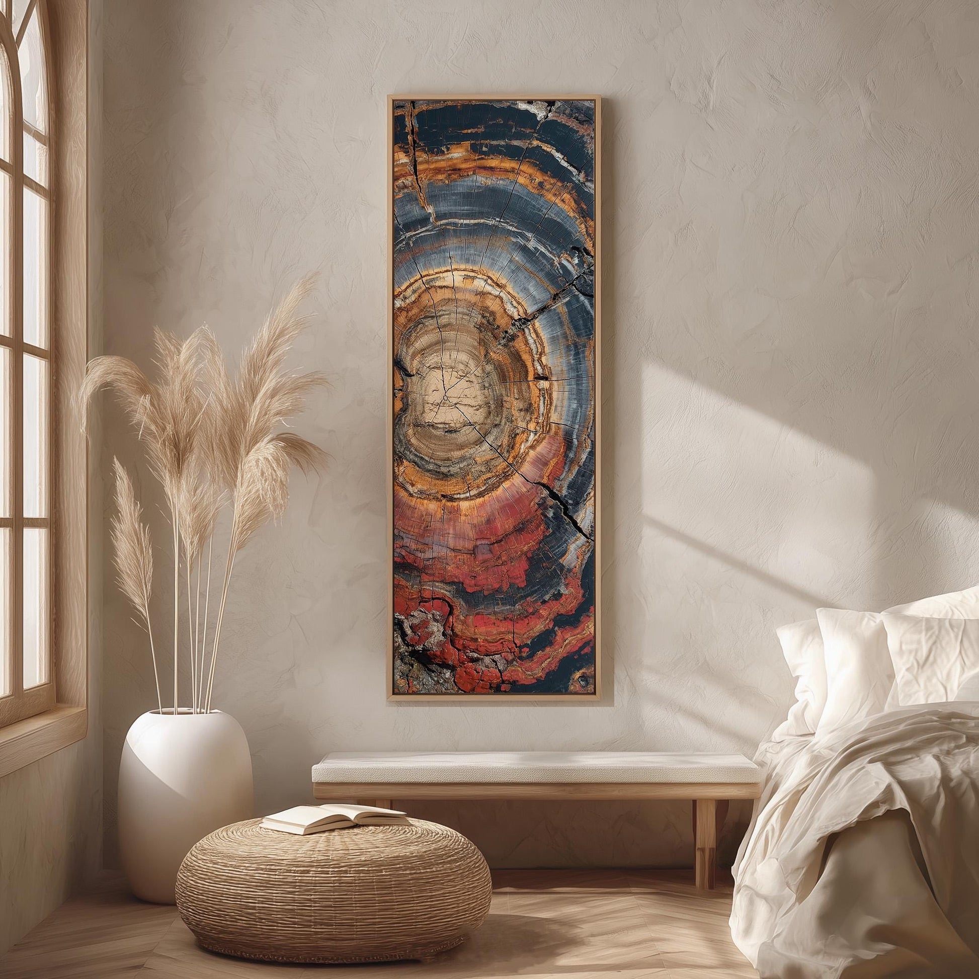 a large abstract painting hanging on a wall in a minimalist bedroom setting.