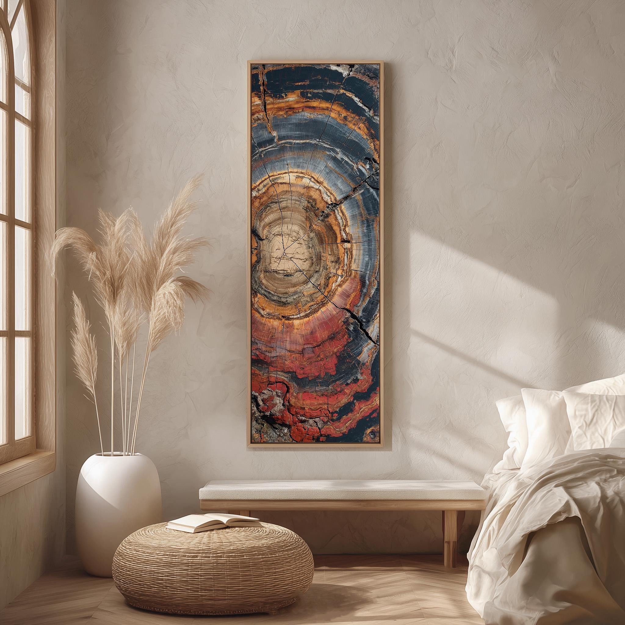 a large abstract painting hanging on a wall in a minimalist bedroom setting.