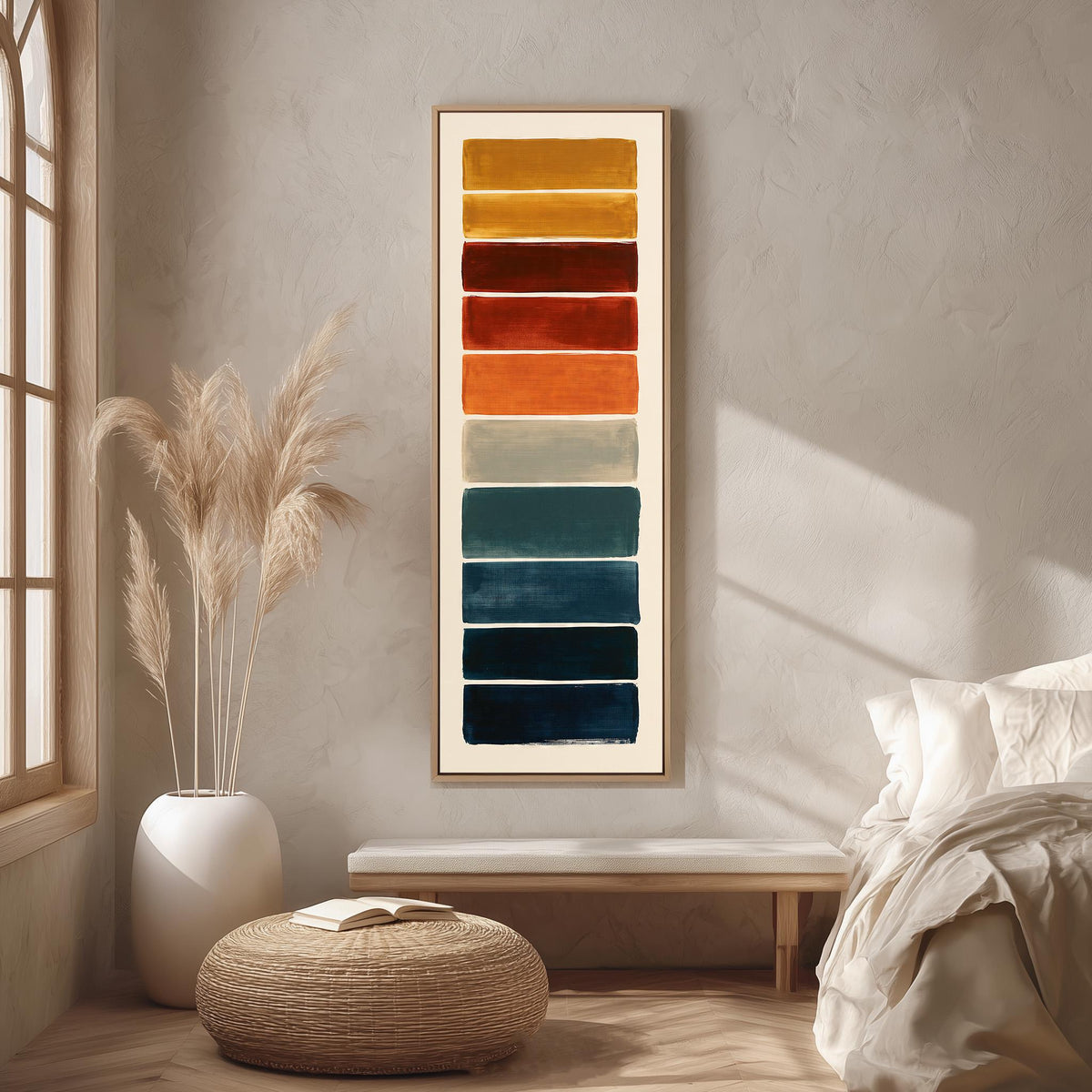 Stack of swatches from mustard to navy long vertical canvas print in a bright reading corner
