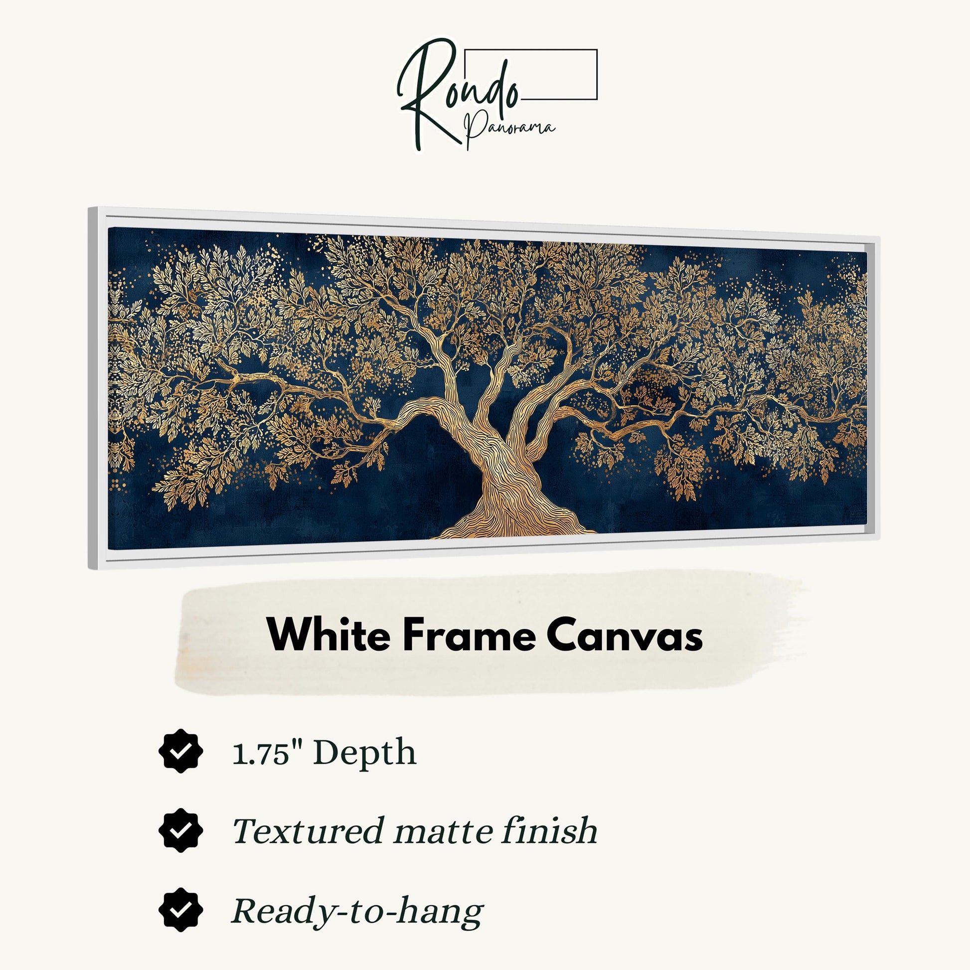 a white frame canvas with a gold tree design on a dark blue background.