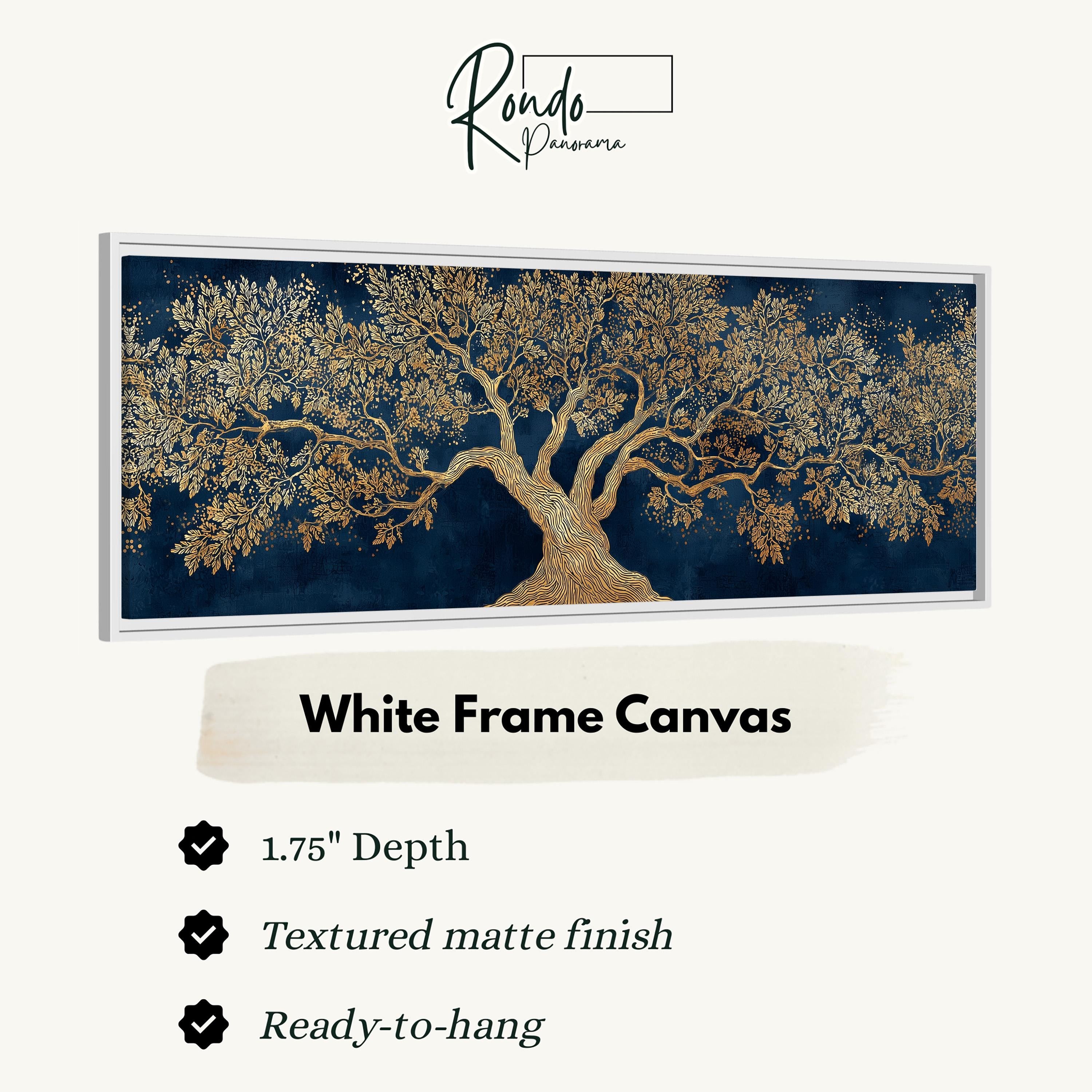 a white frame canvas with a gold tree design on a dark blue background.