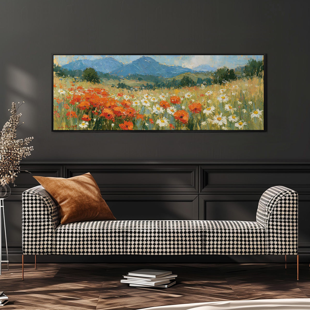 Alpine poppy and daisy meadow wide panoramic canvas print above a bench in a dark living room