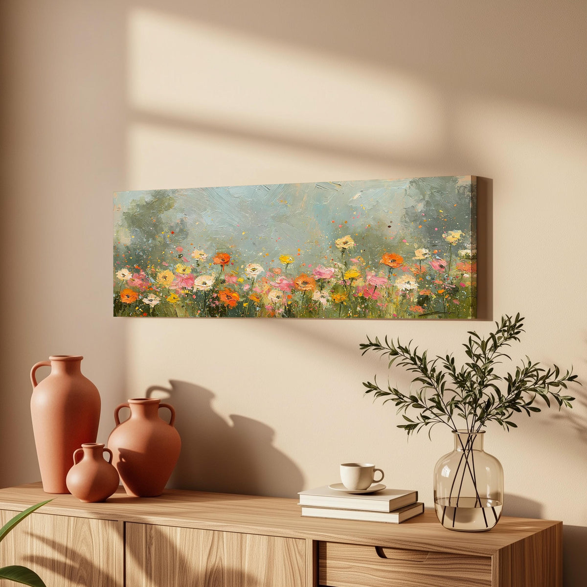 Impressionist wildflower meadow long horizontal canvas print above a wooden sideboard
