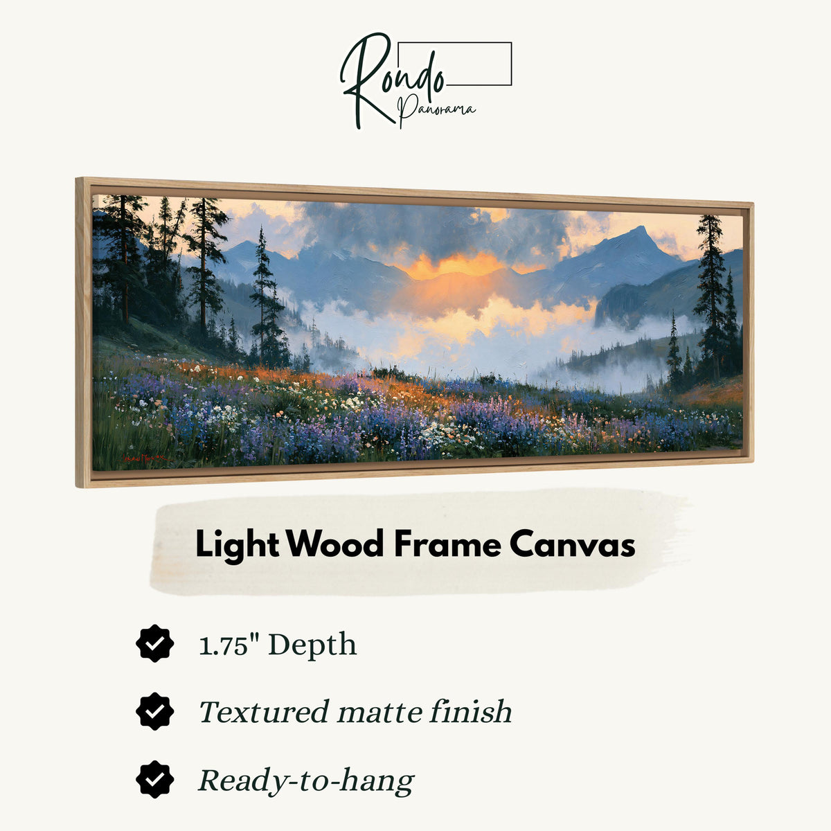 Alpine wildflower meadow at sunset canvas print in a light wood floating frame