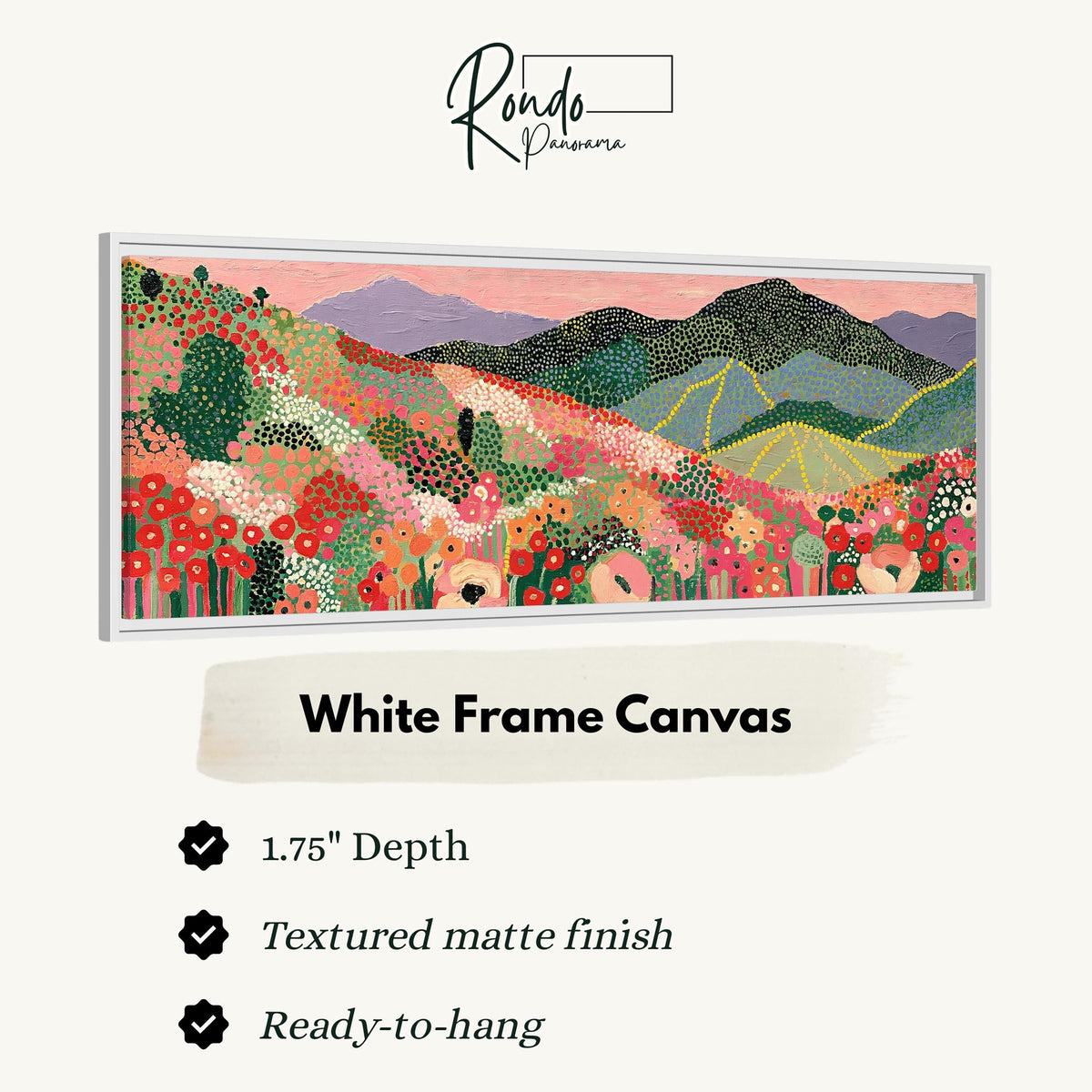 Dotted poppy mountains under a pink sky canvas print in a white floating frame