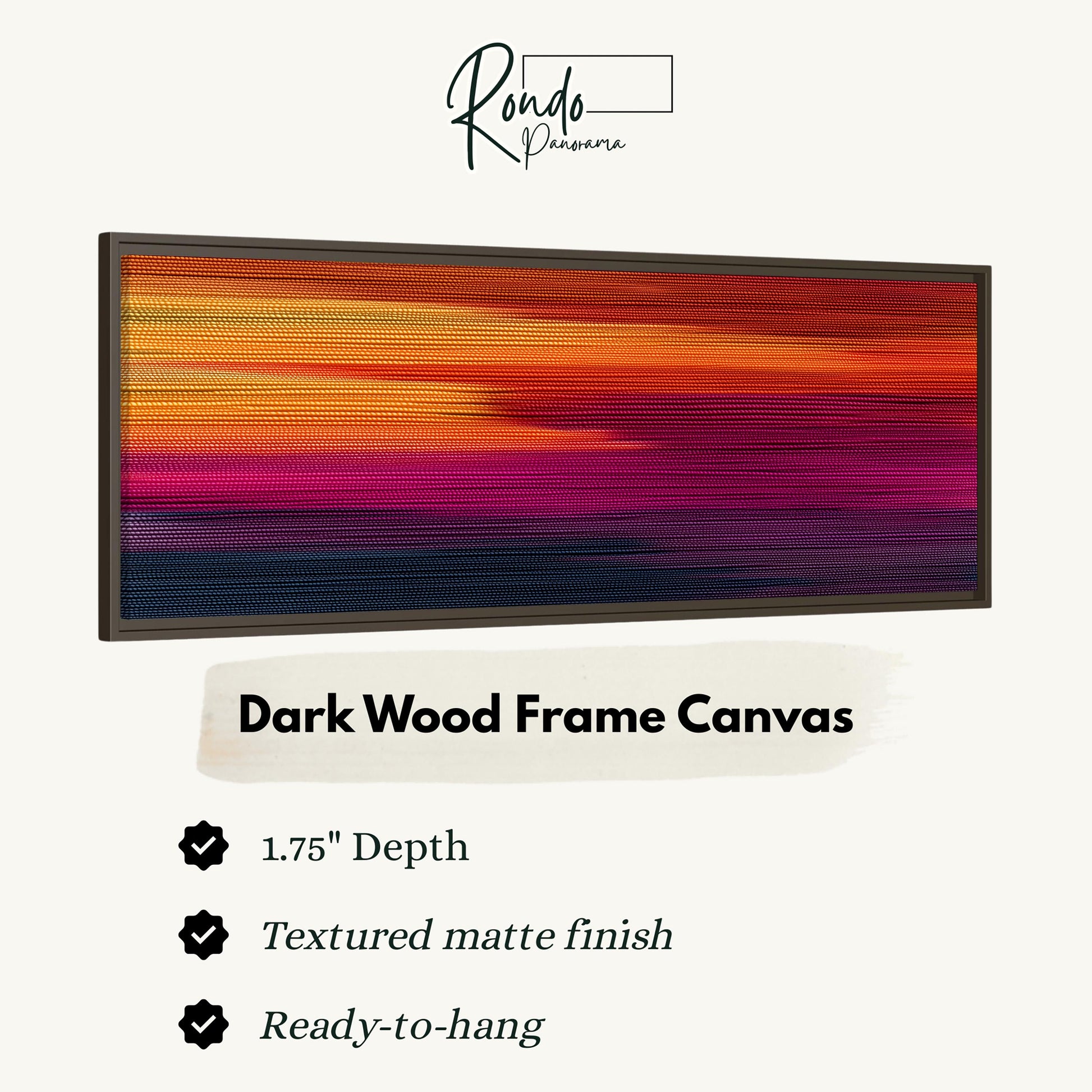 The image is a product advertisement for a dark wood frame canvas. It features a vibrant, gradient-colored abstract painting with a 1.75" depth and a textured matte finish. The canvas is ready-to-hang and has a 1.75" depth.