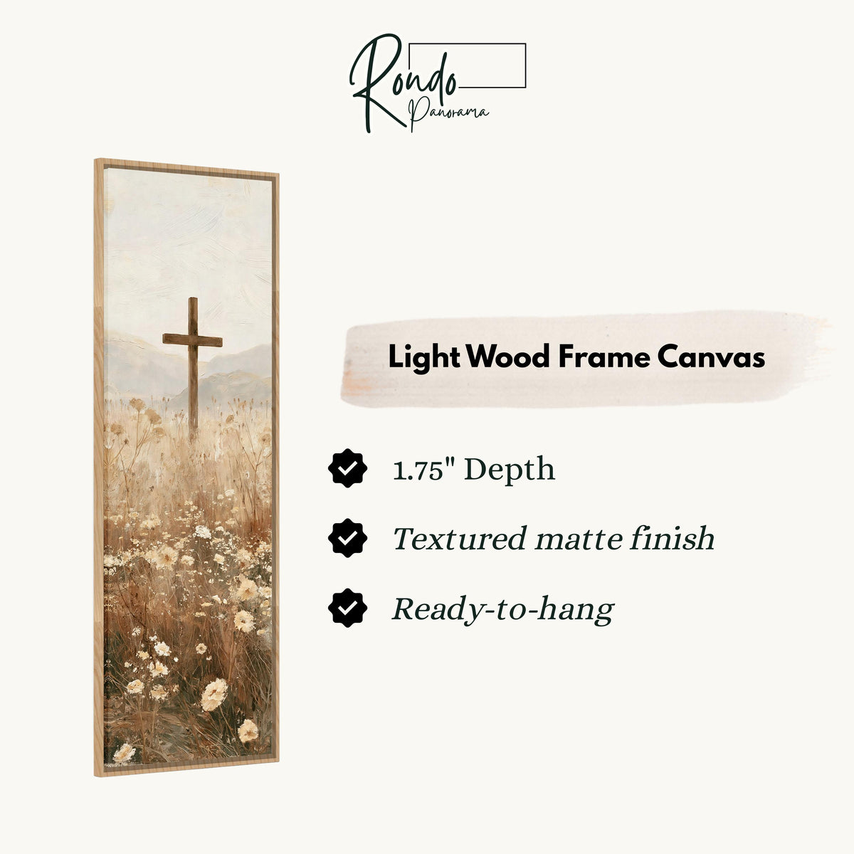 Wooden cross in a daisy field canvas print in a light wood floating frame