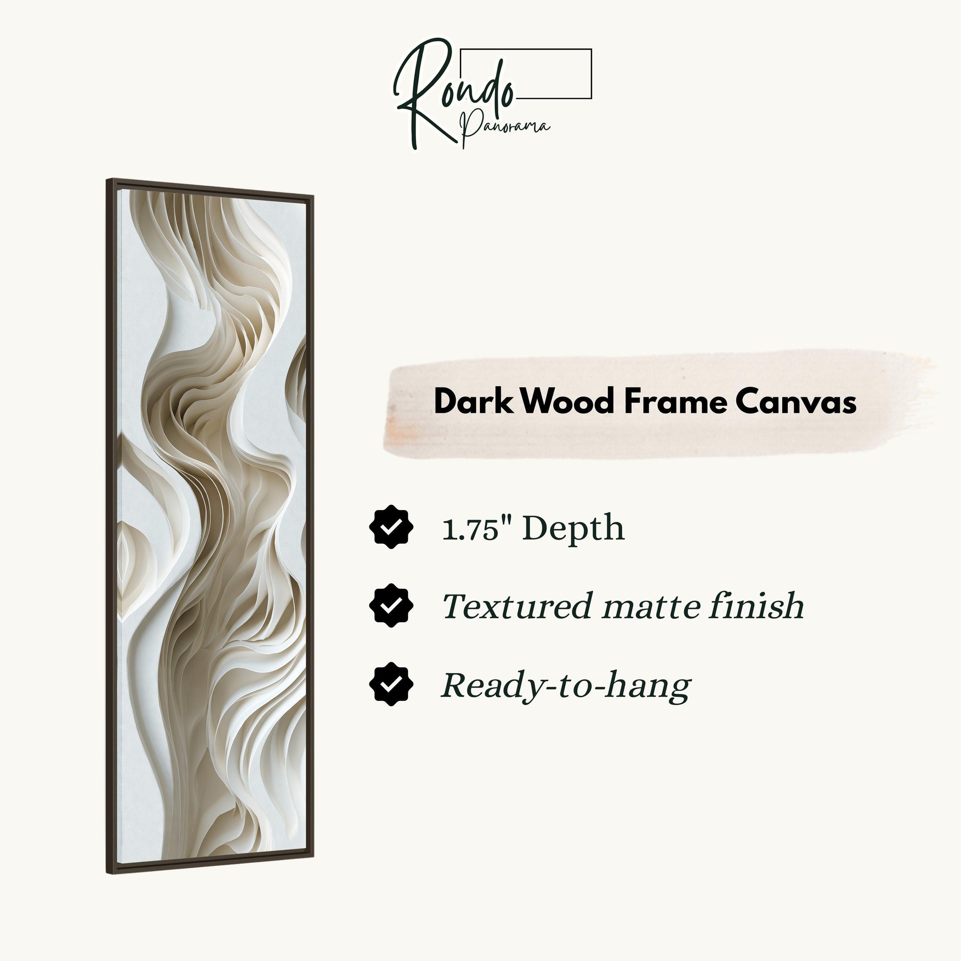 The image is a product description for a dark wood frame canvas. It features a close-up of a textured matte finish and a 1.75" depth. The canvas is ready to hang.
