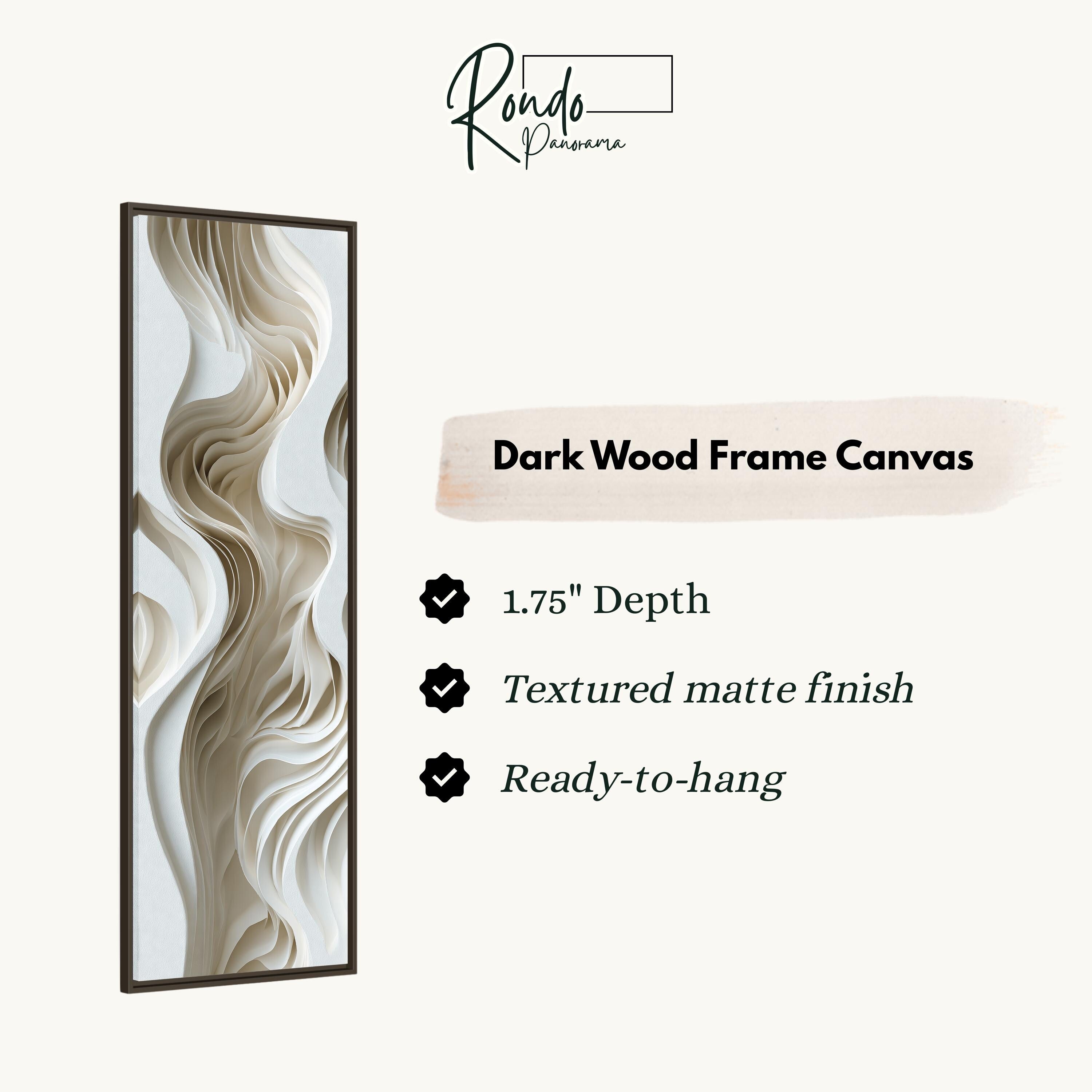 The image is a product description for a dark wood frame canvas. It features a close-up of a textured matte finish and a 1.75" depth. The canvas is ready to hang.