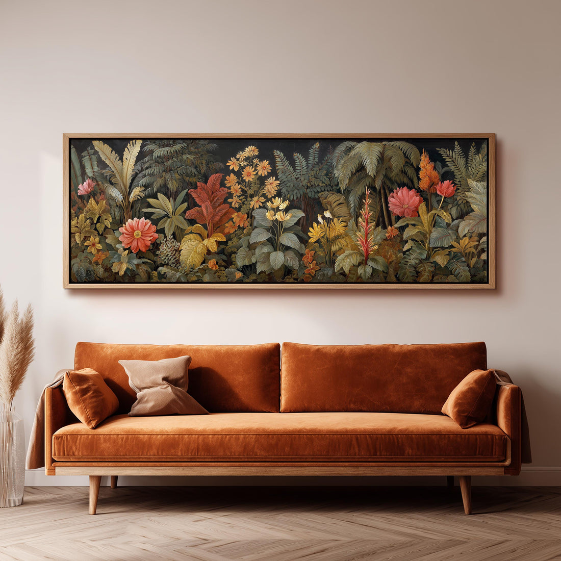 a dining room with a large painting of a tropical garden hanging on the wall above a wooden dining table with four chairs. The table is set with a bowl of fruit and a vase of flowers, creating a cozy and inviting atmosphere.