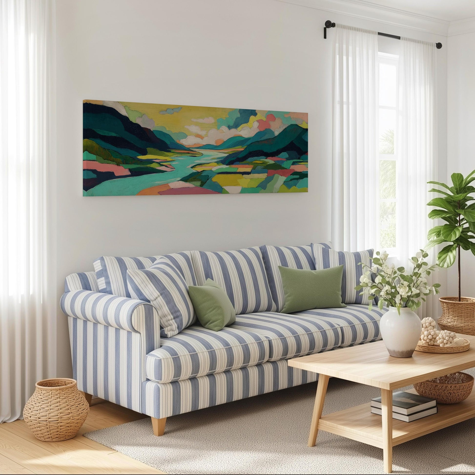 a cozy living room with a striped blue and white sofa, a wooden coffee table, and a large abstract landscape painting hanging on the wall above the sofa.