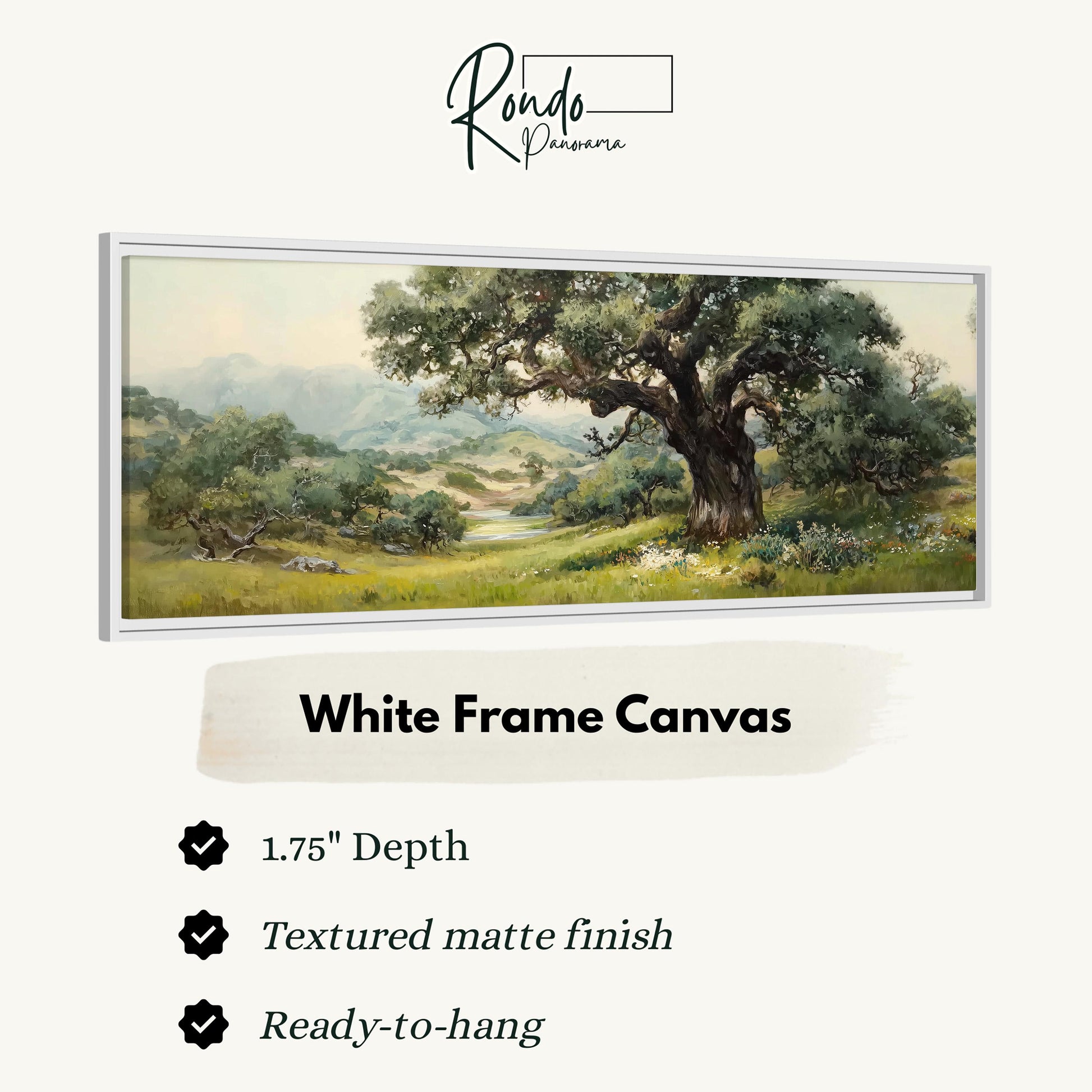 The image is a white frame canvas depicting a serene landscape with a large tree in the foreground and a grassy field in the background.