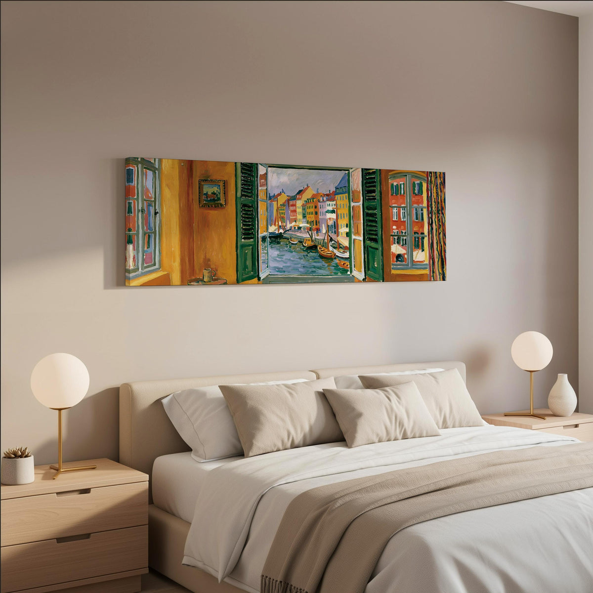 Copenhagen's colorful canal through a window wide panoramic canvas print above a bed in a neutral bedroom