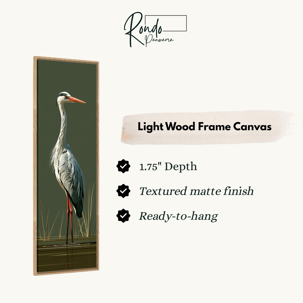Grey heron standing on olive green canvas print in a light wood floating frame