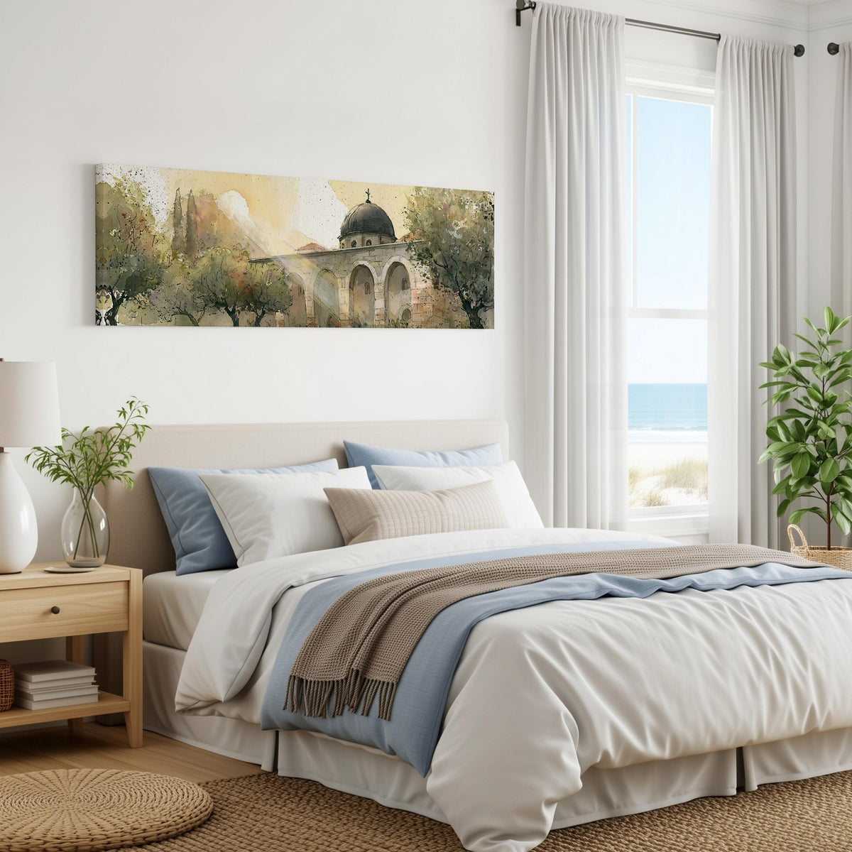 Domed mosque courtyard in watercolor panoramic canvas print above a bed in a coastal bedroom