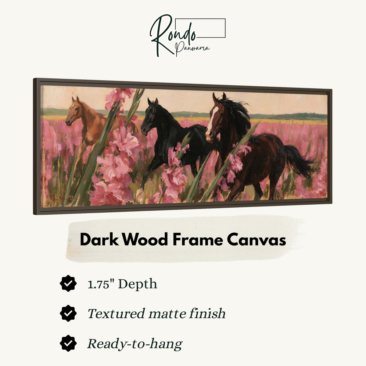 Horses running through pink gladiolus canvas print in a dark wood floating frame