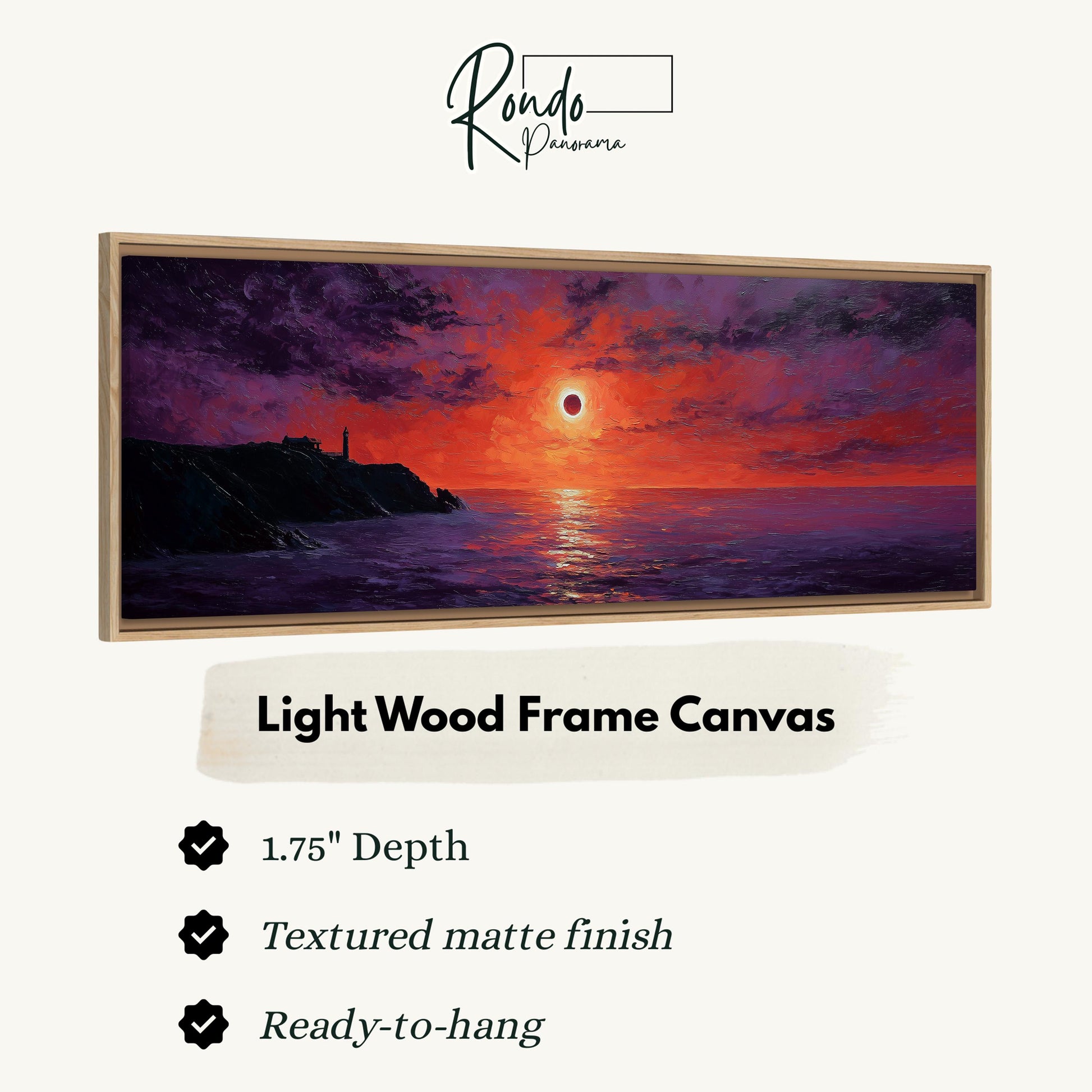 The image is a framed painting depicting a sunset over the ocean.