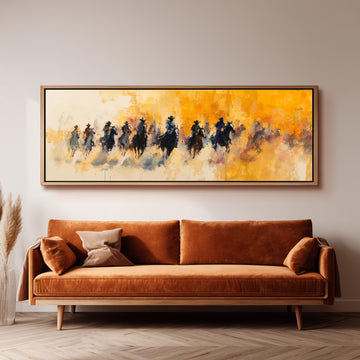 a large, vibrant painting of a group of people riding horses, hanging on a wall above a brown sofa.