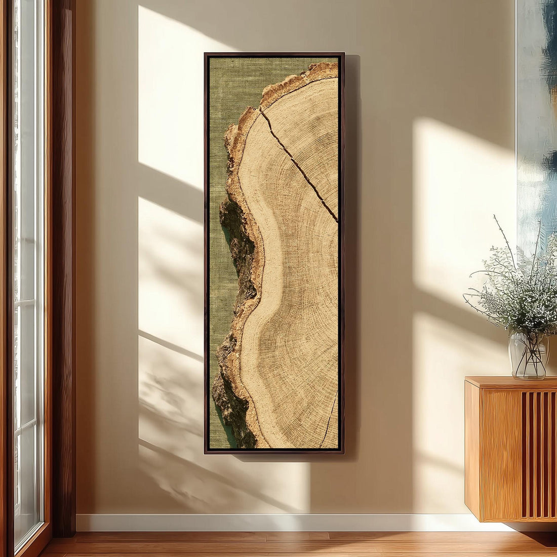 Weathered tree ring slice long vertical canvas print in a sunlit living space