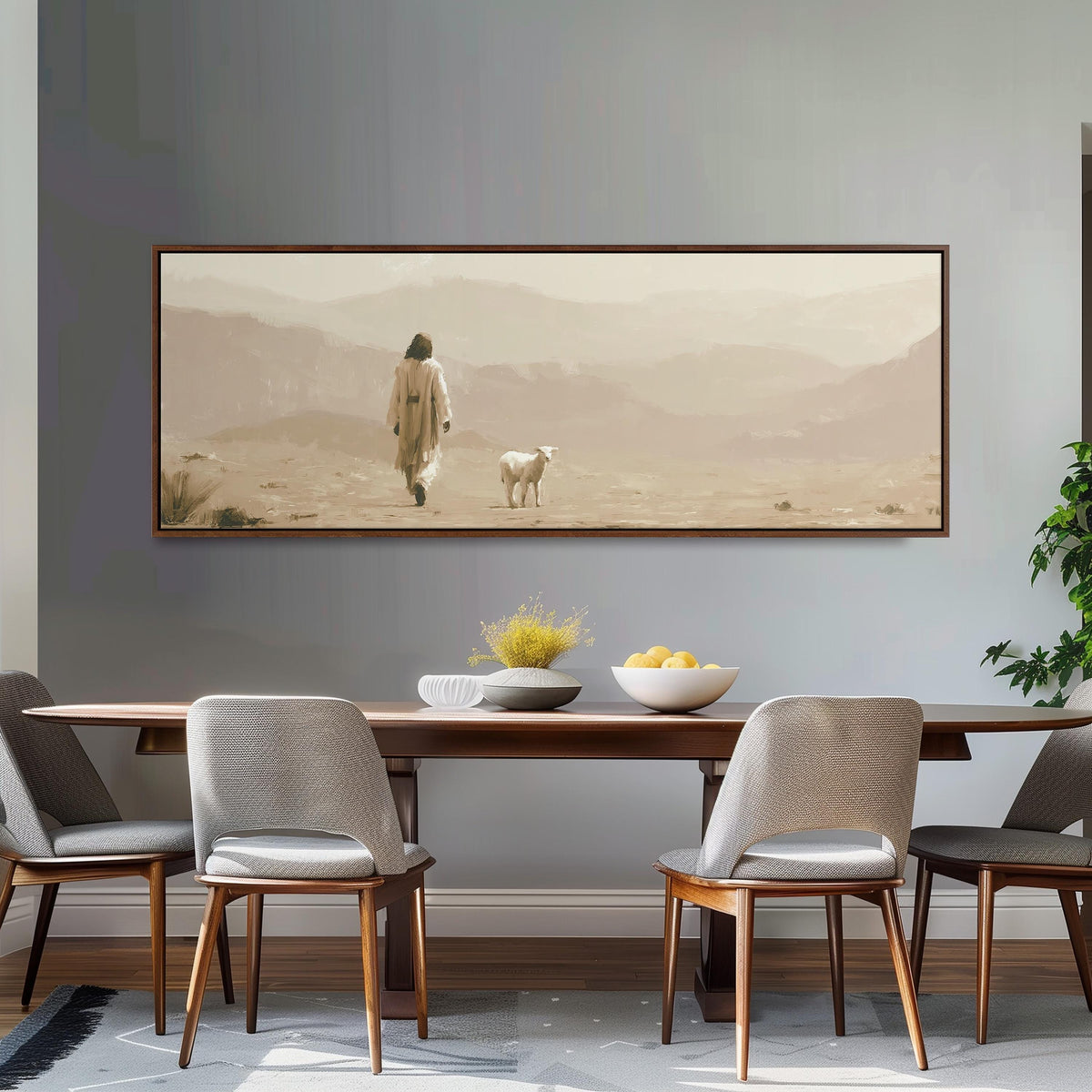 Jesus walking with a lamb through the desert long horizontal canvas print above a dining table