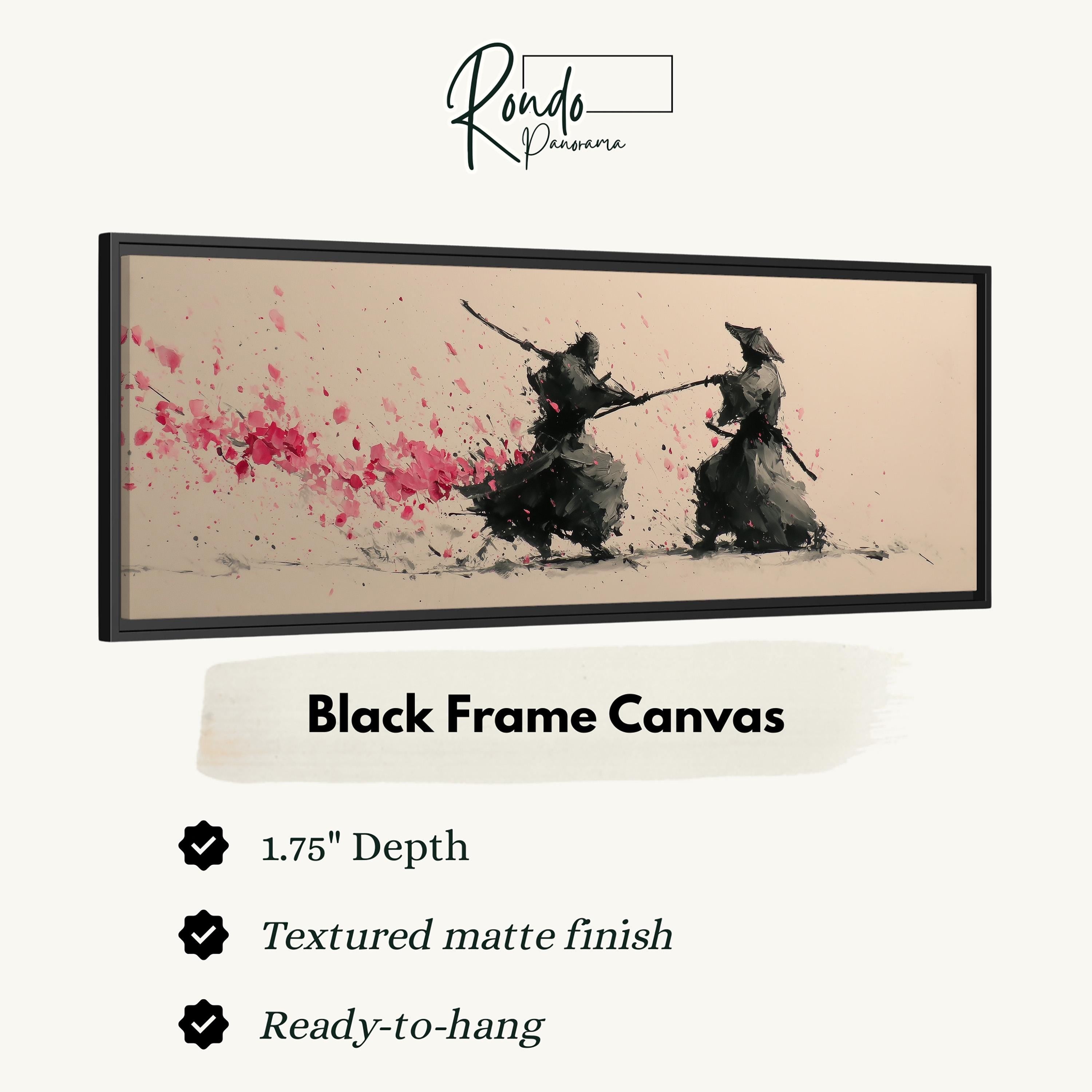 The image is a black frame canvas depicting two figures engaged in a fighting stance, with a textured matte finish and a depth of 1.75 inches.