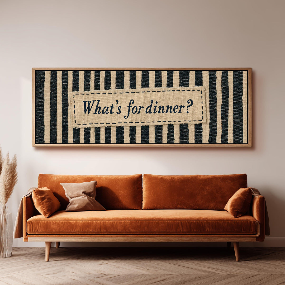 What's for dinner sign on black stripes wide panoramic canvas print above a bench in a dark living room