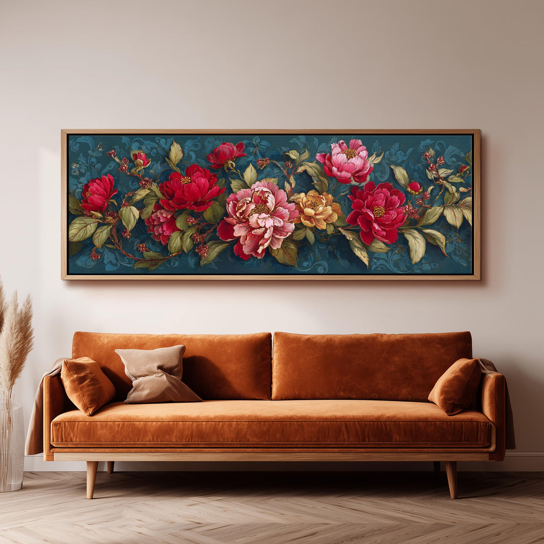 a large floral painting hanging on a wall above a black and white checkered sofa in a living room setting.