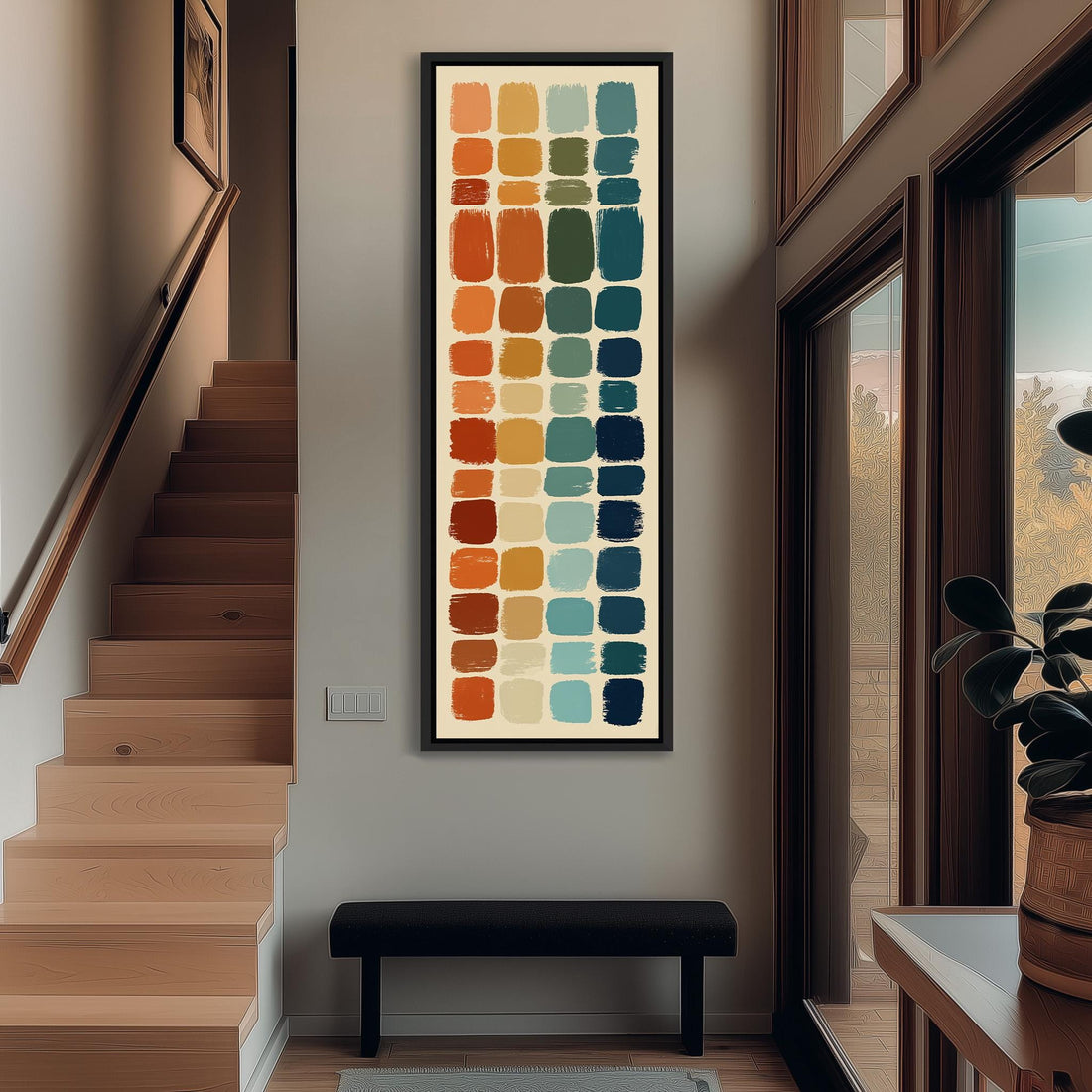 a hallway with a large abstract painting hanging on the wall, depicting a colorful arrangement of squares in various shades of orange, blue, green, and yellow. The hallway also includes a staircase, a bench, and a potted plant, creating a cozy and inviting atmosphere.