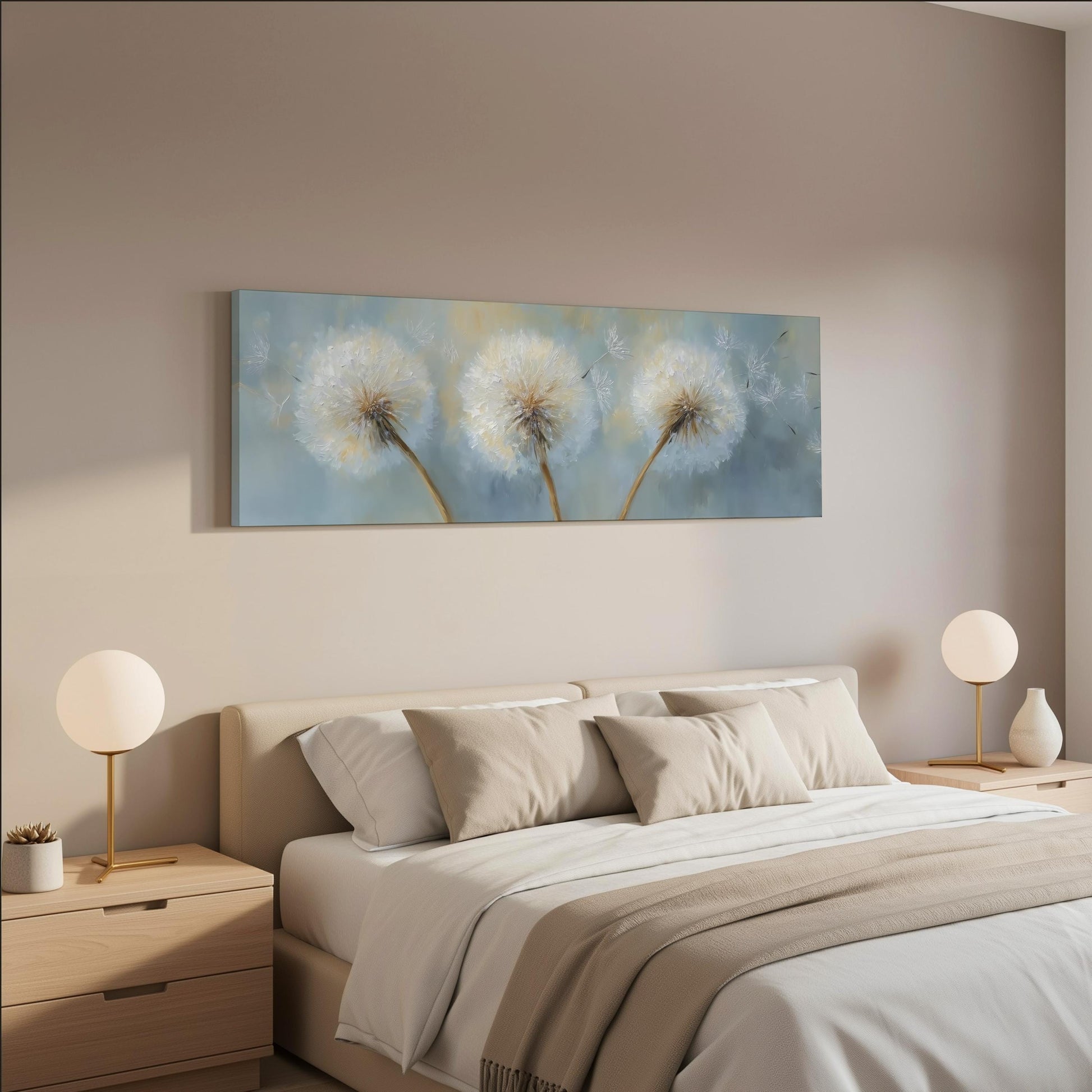 a serene bedroom scene with a large bed adorned with white pillows and a beige blanket. Above the bed, there is a painting of three dandelions in a blue and white color scheme. The room is decorated with two white lamps on nightstands, and the overall color scheme is predominantly neutral, creating a calm and peaceful atmosphere.