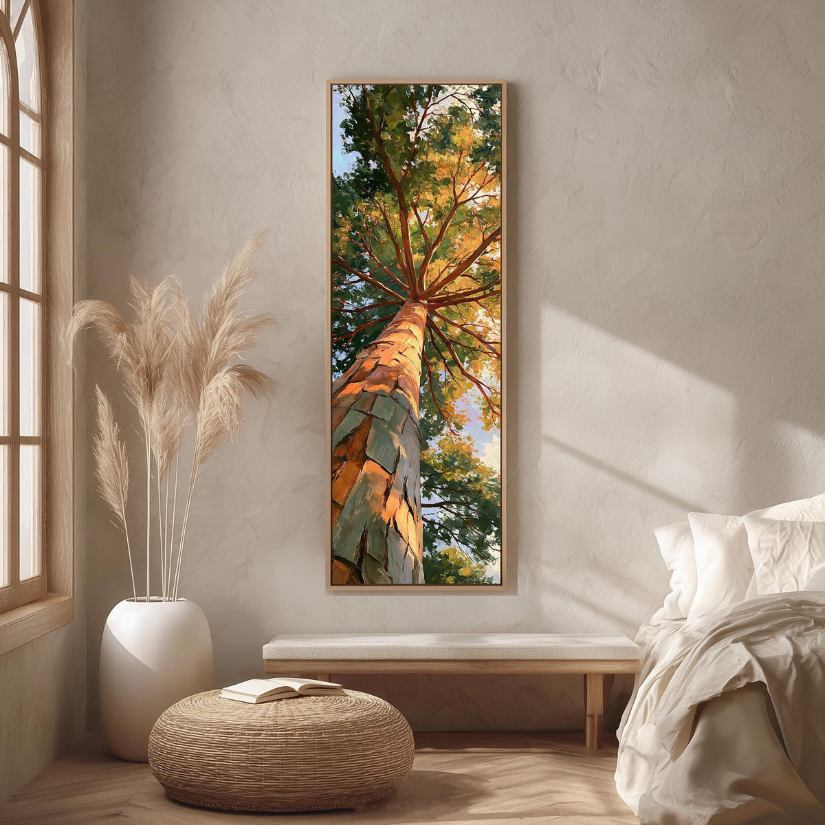 Sunlit pine trunk rising into a green and gold canopy long vertical canvas print in a bright reading corner