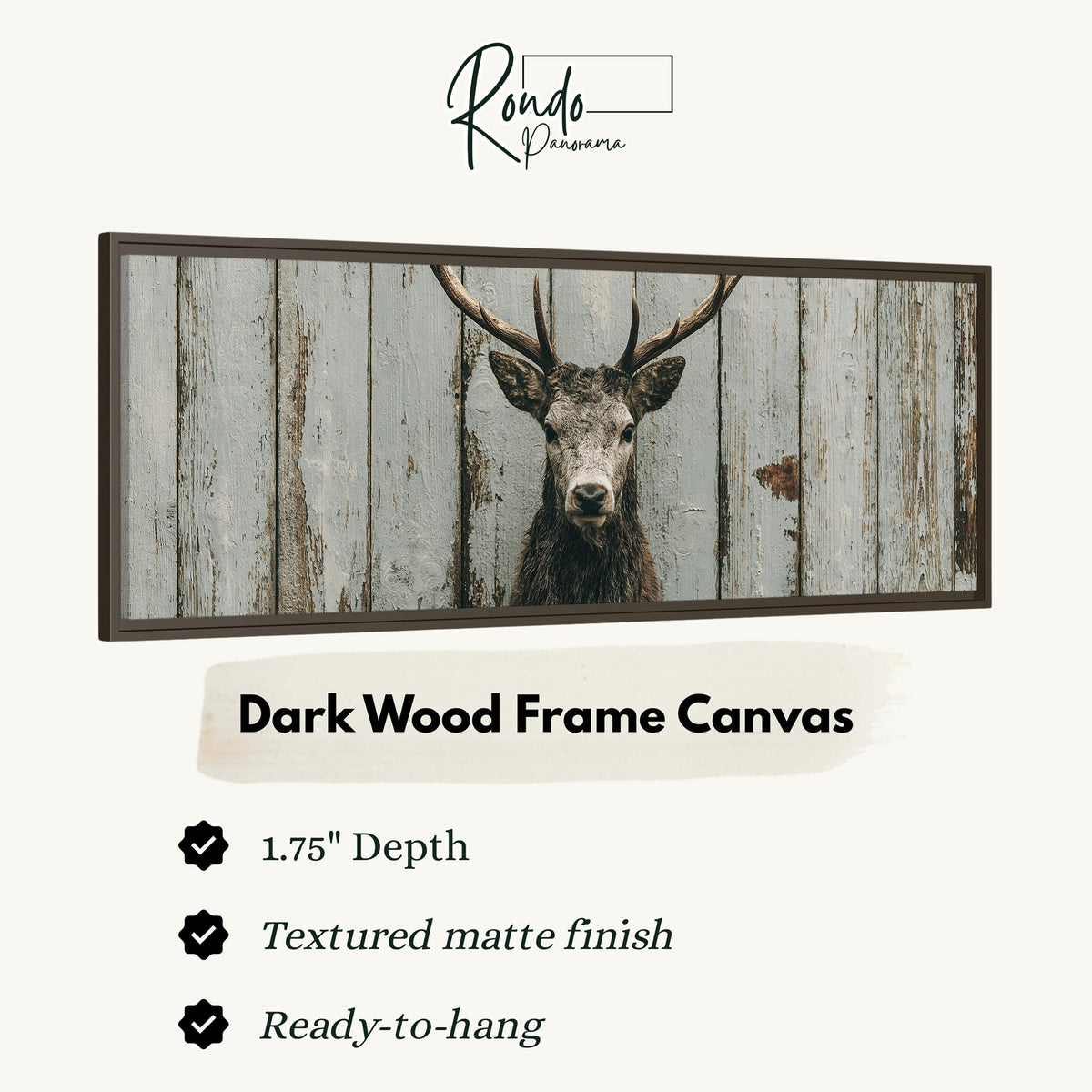 Monochrome stag on barn wood canvas print in a dark wood floating frame