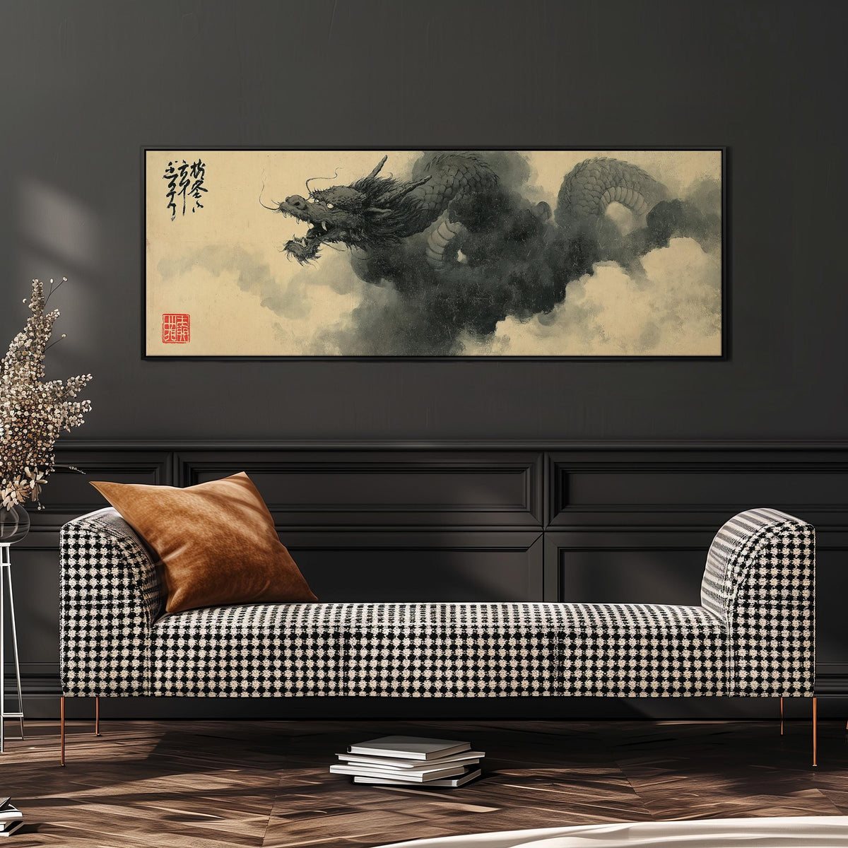 Ink dragon in the clouds wide panoramic canvas print above a bench in a dark living room