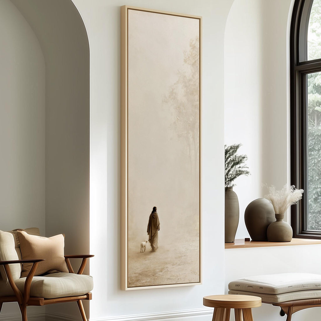 Jesus walking with a lamb in pale mist long vertical canvas print in a sunlit living space