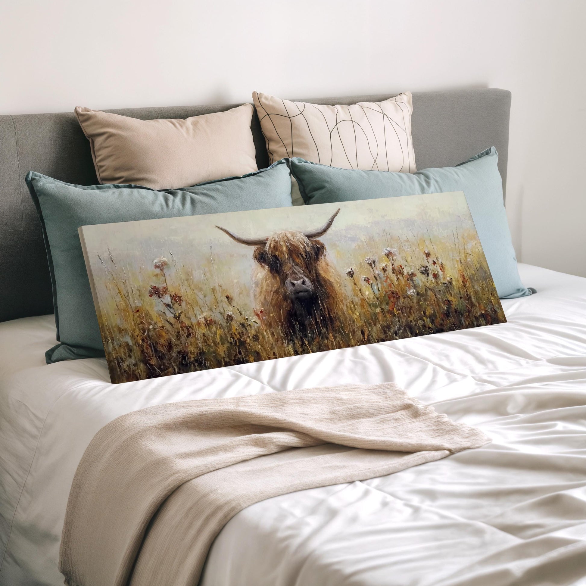 a large painting of a cow with horns, displayed on a bed with pillows.