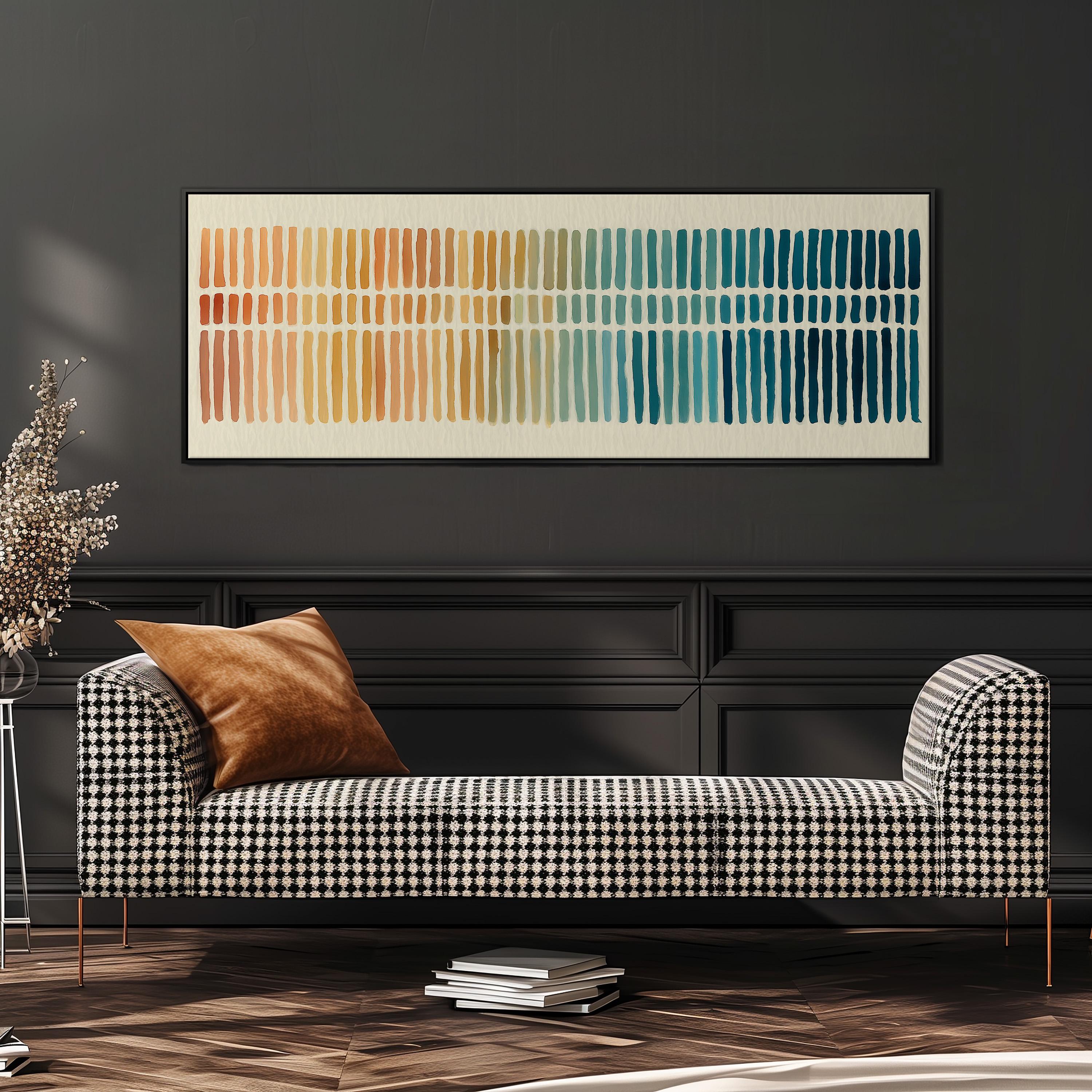a modern living room with a black and white checkered sofa, a stack of books, and a large abstract painting on the wall.