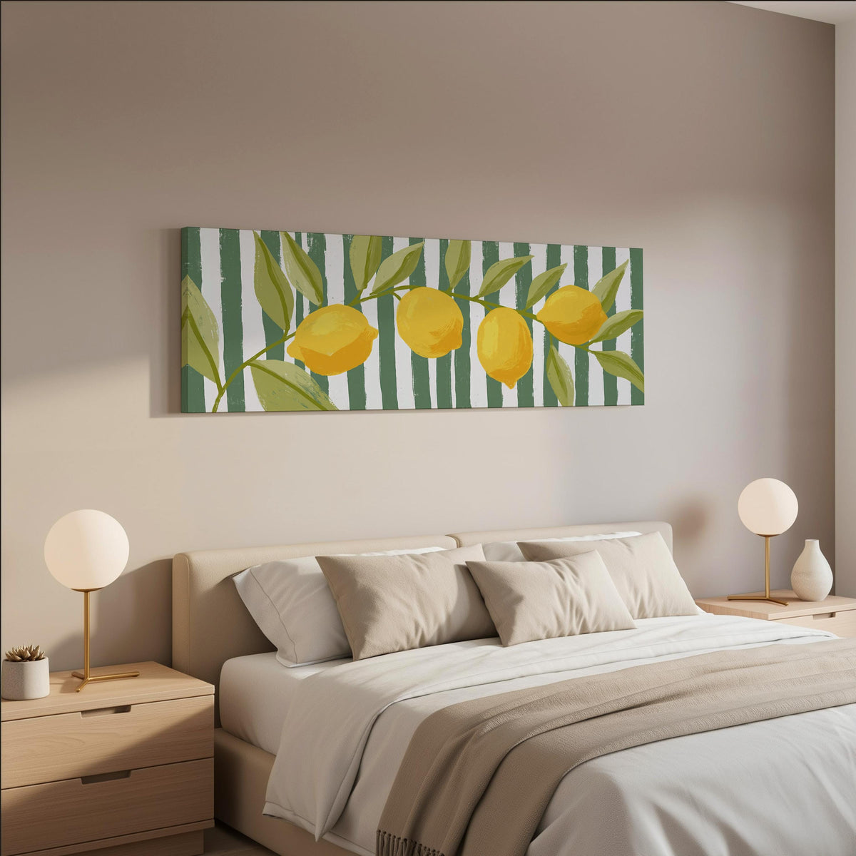 Lemon branch on green stripes wide panoramic canvas print above a bed in a neutral bedroom