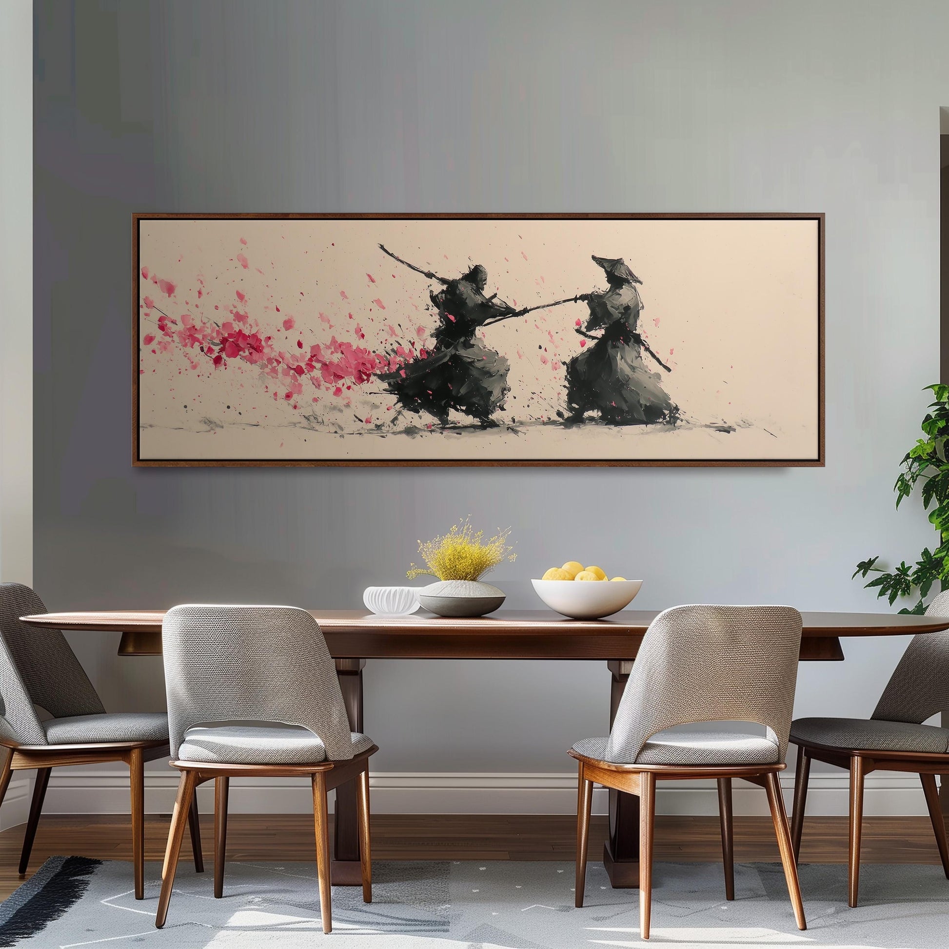 a dining room with a wooden table and four chairs. Above the table, there is a large painting depicting two figures engaged in a sword fight. The painting is framed and hangs on the wall above the table.