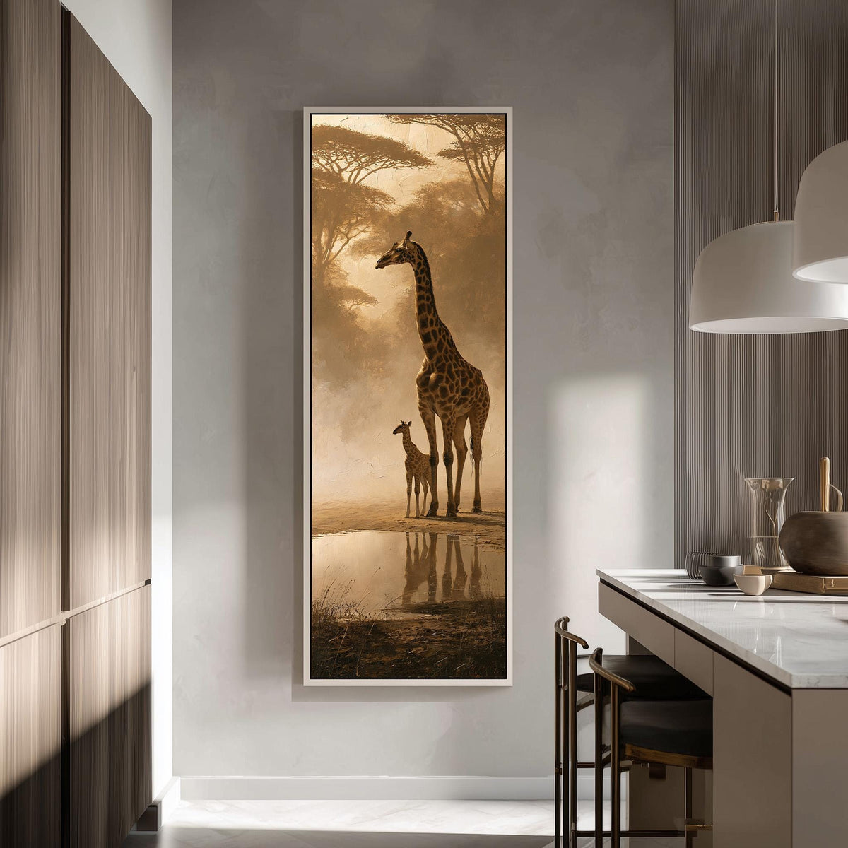 Giraffe and calf at a misty waterhole tall skinny canvas print in a modern kitchen