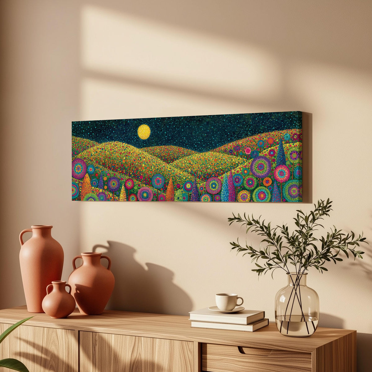 Moonlit flower hills long horizontal canvas print above a wooden sideboard