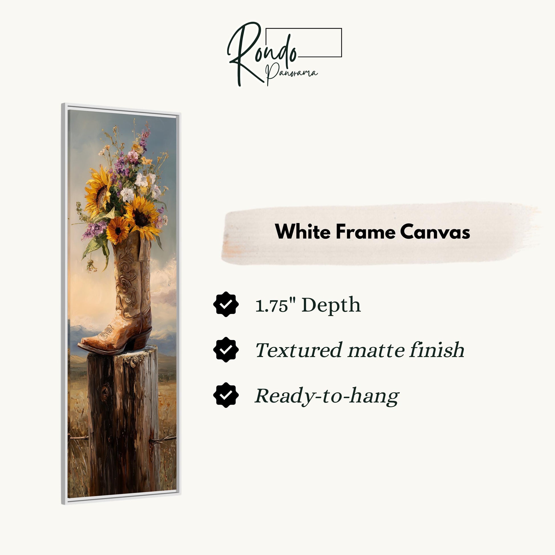 a white frame canvas with a painting of a cowboy boot holding a bouquet of flowers.