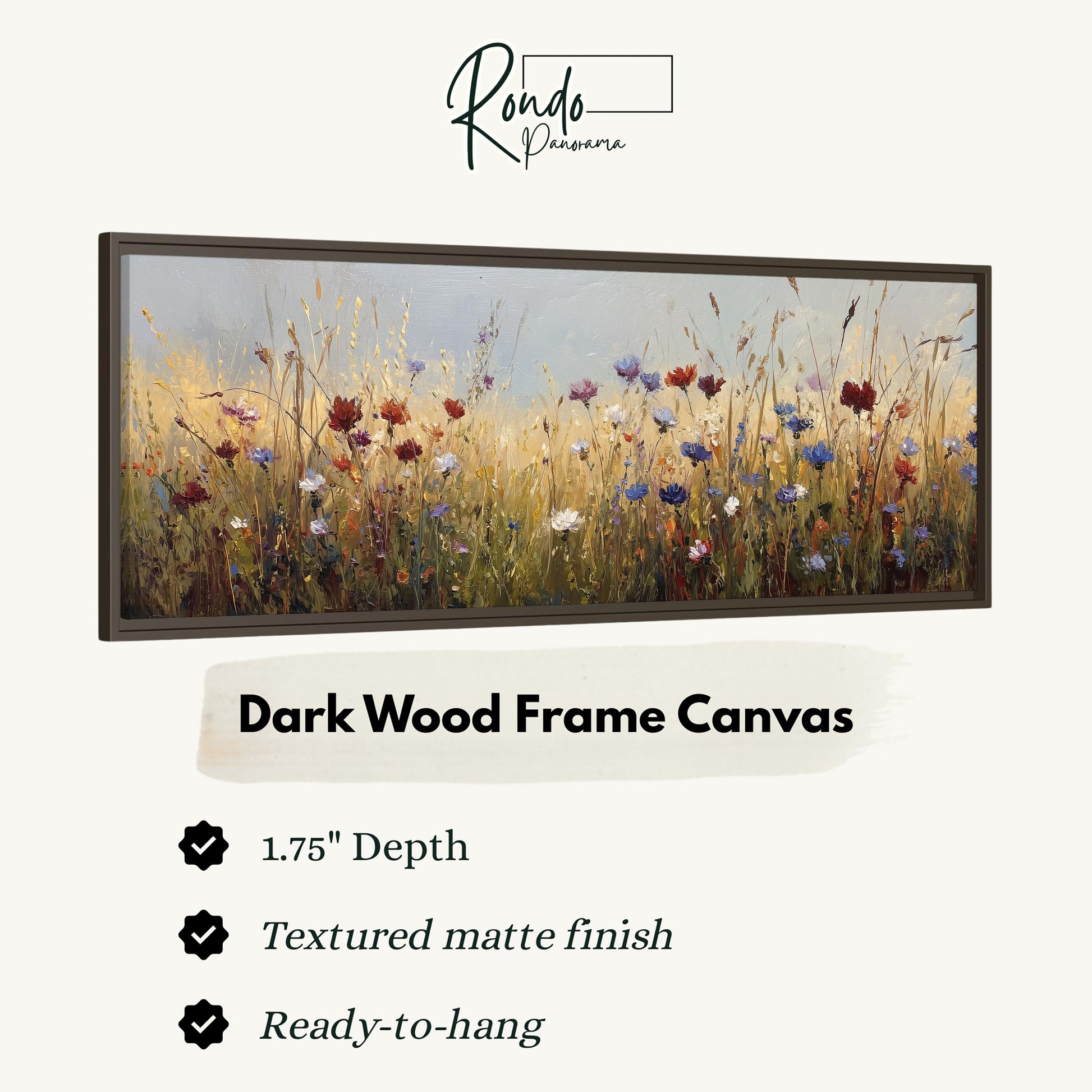 The image is a framed painting depicting a field of wildflowers.