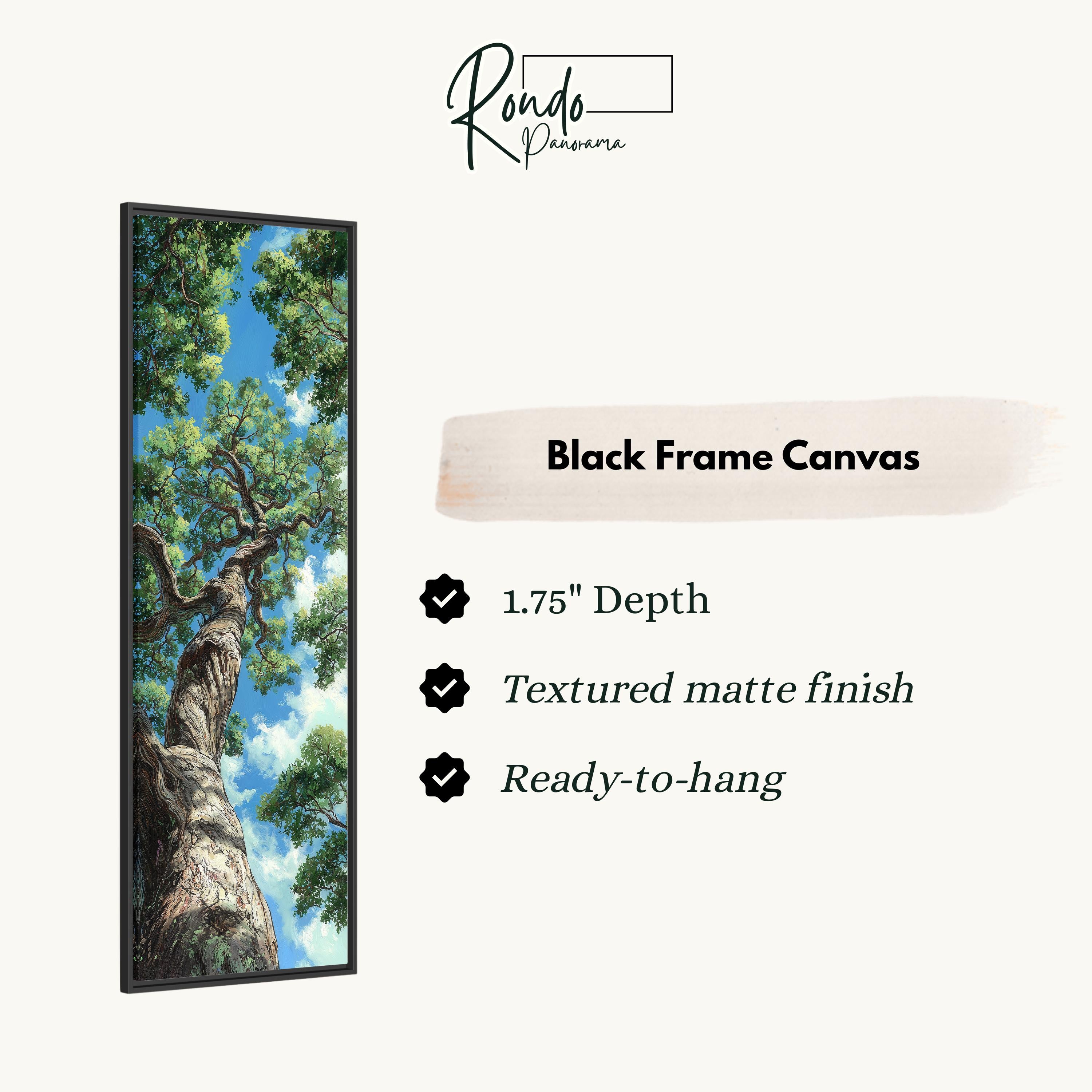 The image is a black frame canvas depicting a tree with a blue sky background.